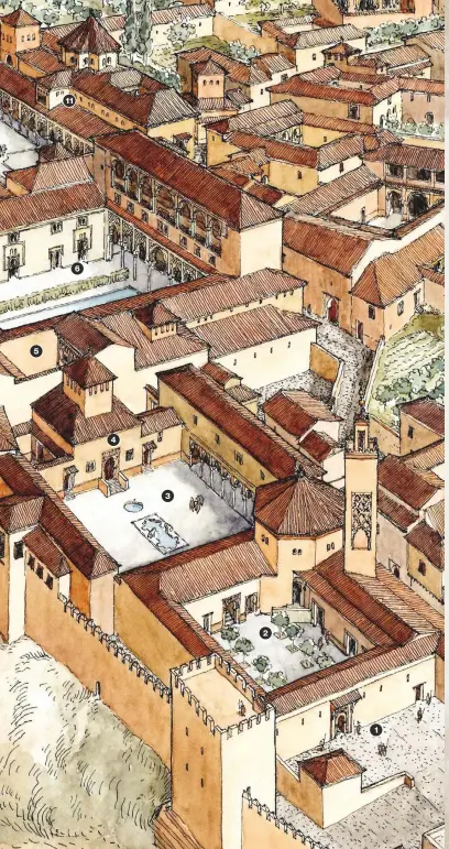  ??  ?? LA ALHAMBRA EN EL SIGLO XIV
El dibujo muestra el aspecto del palacio de la Alhambra en tiempos del emir Muhammad V.