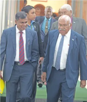  ?? Photo: Ronald Kumar ?? Opposition Member of Parliament and National Federation Party leader Biman Prasad with SODELPA MP and Opposition leader, Sitiveni Rabuka.