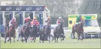  ??  ?? A small field got away well in the second race over 2100m won by Nadiasstar (jockey in orange) from Wotamissio­n by two lengths.
