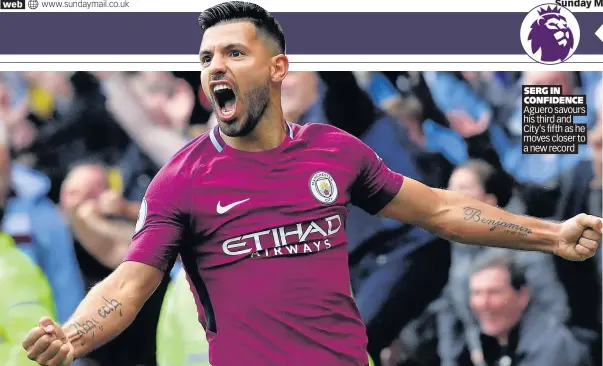  ??  ?? SERG IN CONFIDENCE Aguero savours his third and City’s fifth as he moves closer to a new record
