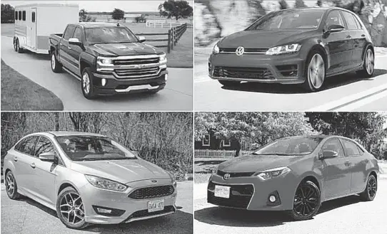  ??  ?? Some of the most popular vehicles in the world are, clockwise from top left, the Chevrolet Silverado, Volkswagen Golf R, Toyota Corolla and Ford Focus.