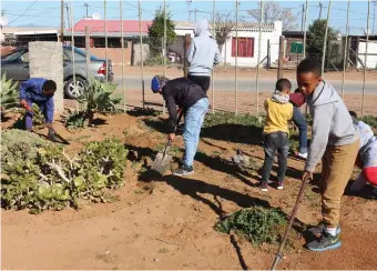  ?? Foto: Garnett Wicomb ?? Kinders verbonde aan die sopkombuis in Polisiehoo­gte het die kerk se tuin vir Mandeladag netjies gemaak.