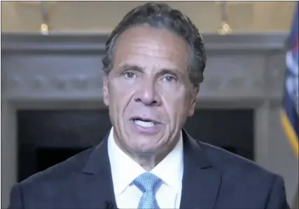  ?? THE ASSOCIATED PRESS ?? New York Gov. Andrew Cuomo delivered a farewell address in a prerecorde­d video shown at noon on Monday, Aug. 23.