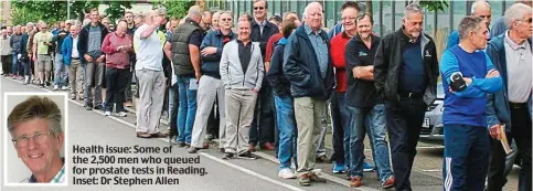  ??  ?? Health issue: Some of the 2,500 men who queued for prostate tests in Reading. Inset: Dr Stephen Allen