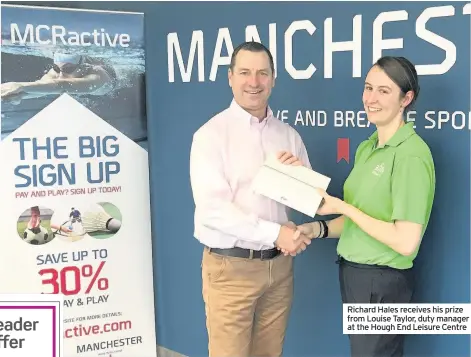  ??  ?? Richard Hales receives his prize from Louise Taylor, duty manager at the Hough End Leisure Centre