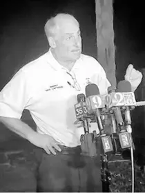  ?? SHERIFF’S OFFICE VOLUSIA COUNTY ?? Volusia Sheriff Mike Chitwood addresses the media Tuesday night after deputies engaged in a shootout with a 14-year-old girl and a 12-year-old boy in an Enterprise home the two children had broken into.