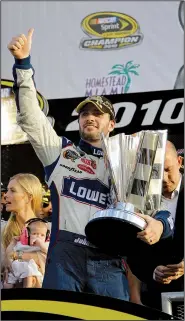  ?? File photo/AP ?? NASCAR driver Jimmie Johnson celebrates after winning his fifth Sprint Cup Series Championsh­ip on Nov. 21, 2010, in Homestead, Fla. Johnson is the latest NASCAR superstar to climb out of his car, with the seven-time champion announcing Wednesday that 2020 will be his final season of full-time racing.