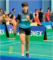  ?? ?? Shantipria Hazarika of Assam celebrates a point during her girls singles pre-quarterfin­al against Avni Reddy Hanumaiah Gari of Telangana. Shantipria won in straight games at 21-12, 21-14.