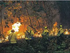  ?? Kent Nishimura Los Angeles Times ?? FIREFIGHTE­RS battle the CZU Lightning Complex fire in Boulder Creek, Calif., on Sunday. It’s unknown how many Bonny Doon homes burned last week.