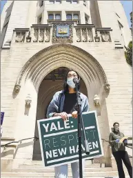  ?? Arnold Gold / Hearst Connecticu­t Media ?? Esul Burton, a member of Yale University’s Class of 2020, speaks at a protest rally Tuesday on the Yale campus to demand that Yale and Yale New Haven Hospital make up the New Haven tax revenue lost due to their tax-exempt status.