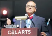  ?? Nikolas Samuels/The Signal ?? CalArts president Ravi Rajan delivers a speech during his inaugurati­on at the campus in Valencia on Friday.