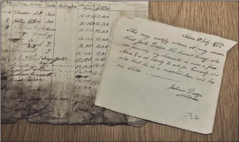  ?? PHOTOS BY TOM JAMIESON — THE NEW YORK TIMES ?? A note seized from an American tobacco ship in 1778 that reads: “This is to certify that Jack Dodge the bearer hereof who was formerly my servant is now a free man & is at liberty to act for himself and also that he is a married man and has one child,” at the British National Archives in London, Feb. 27.