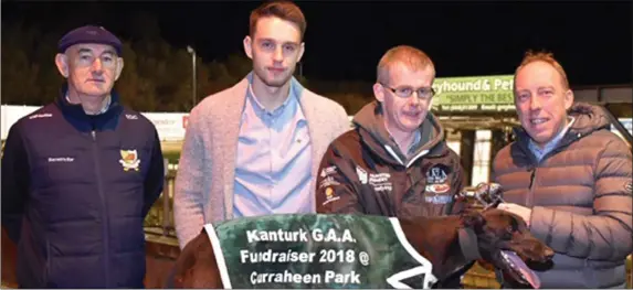  ??  ?? Kieran Fitzgerald making a presentati­on to Mort Buckley, Clondrohid, following Arclight Turbo’s win in the Fitzgerald Insurances 525 race at the Kanturk GAA Fundraiser at Curraheen Park. Included are Ian Walsh and Tom O’Callaghan, Chairman Kanturk GAA. Photo by Mike English