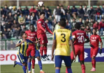  ?? — PTI ?? Action from the I- League match between Real Kashmir FC and Churchill Brothers FC in Srinagar on Tuesday.