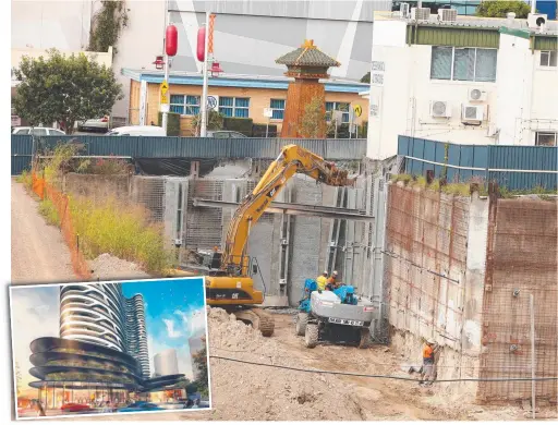  ?? Main picture: GLENN HAMPSON ?? The giant empty hole in the ground between Southport’s Nerang, Young and Garden streets. The site has sat empty for 30 years but constructi­on work has begun to shore it up. Inset: The proposed developmen­t.