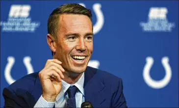  ?? AP ?? Matt Ryan speaks during a news conference at the Colts’ practice facility on March 22. After four straight losing seasons in Atlanta, the quarterbac­k is getting acclimated to a new city, new offense and new supporting cast.