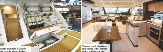  ??  ?? Beach club stern includes a flooding locker for Seabobs
The new interior has been reimagined with separate dining and living spaces