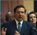  ?? DAVID SANTIAGO/MIAMI HERALD ?? Florida Gov. Ron DeSantis speaks at William J. Kirlew Junior Academy in Miami Gardens, Fla., on May 9.