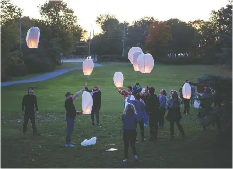  ??  ?? On Oct. 8 this year, which would have been his 21st birthday, friends and family of Matthew Koeck gathered in an Aylmer skate park he liked and wrote messages to him that were sent skyward on lit lanterns. Matthew died last December of a fentanyl overdose.