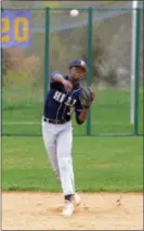  ?? OWEN MCCUE - MEDIANEWS GROUP ?? Hill School shortstop Michael Eze throws across the diamond for an out Wednesday against Perkiomen School.