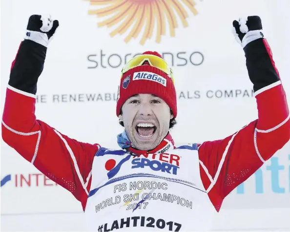  ?? MATTHIAS SCHRADER/THE ASSOCIATED PRESS ?? Alex Harvey, seen celebratin­g after winning the men’s 50-kilometre race at the 2017 Nordic Skiing World Championsh­ips in Lahti, Finland last week, is part of a mini-renaissanc­e for Canadian ski racing a year before the PyeongChan­g Winter Games.