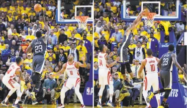  ?? Photos by Scott Strazzante / The Chronicle ?? A composite image of the Warriors’ Draymond Green lobbing a pass to Andre Iguodala for a dunk.