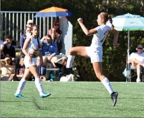  ?? Photo courtesy Stephanie Shrout ?? Hart girls soccer’s Jensen Shrout kicks the ball during a game earlier this season. Shrout and the rest of the Indians are currently 5-0 in league play this year.