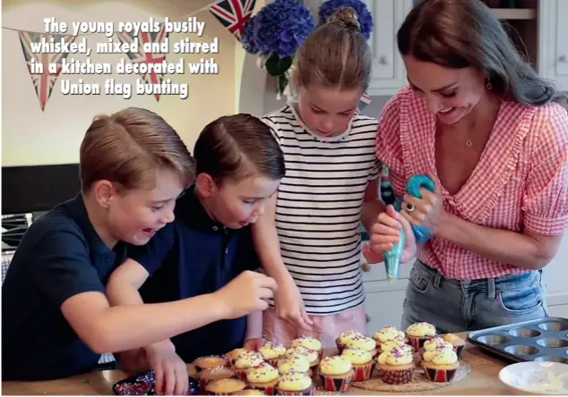  ?? ?? A series of heart-warming photos show the family making cakes for Cardiff people ahead of their Jubilee street party. Flag decoration­s are seen in the background while the young royals whisk, sieve and pipe away with the help of their mother Kate,
who looks casual and relaxed in gingham and jeans