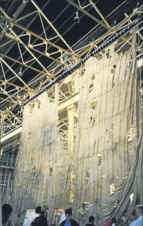  ??  ?? The photograph shows the sail (see story on right) which was found in a loft at Chatham after the closure there and preserved. It is on display in a shed beside the famous ship. This sail would have been made from bolts of cloth only 21” wide.