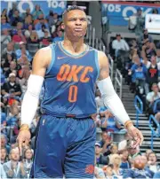  ?? [PHOTO BY BRYAN TERRY, THE OKLAHOMAN] ?? Oklahoma City’s Russell Westbrook reacts during Friday’s game against the Detroit Pistons at Chesapeake Energy Arena. The Pistons won, 99-98.