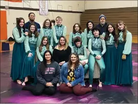  ?? AMY STEBNER — FOR MEDIANEWS GROUP ?? 2024Perkio­men Valley Indoor Color Guard, from left top row standing, Senior Taylor Dillon, Coach DJ Deans, Sophomore Kaitlyn Stebner, Senior Kayleigh Coyle, Freshman Alex Atherton, Sophomore Abbey Batchelder, Freshman Abi Leigl, Coach Maurice Yates, Junior Mariana Madrigal, Junior Co-Captain Kiera McCartney. Second row, sitting on the couch, Senior Captain Sophia Hoffman, Director Jenn Zaremba-Rheins, Junior Section Leader Asher Shingara, Sophomore Ardyn Rutter. First row sitting, coaches Melody Calles and Hannah Pawling.