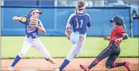  ?? Courtney Couey, Ringgold Tiger Shots ?? Ringgold second baseman Riley Heard gets set to throw to first base to complete a double play ahead of a slide by LFO’s Carlee Wilson.