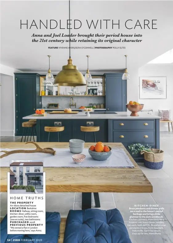  ??  ?? KITCHEN-DINER Brass pendants and drawer pulls are a nod to the house’s period heritage and bring a little glamour to the dark woodwork. Kitchen cabinetry, from £600 for a 600mm unit; brass classic handles, £45 each, both DEVOL. Brooklyn cone pendants in brass, from £44 each, Industvill­e. Gavin bar stools, £142.99 for two, Manomano