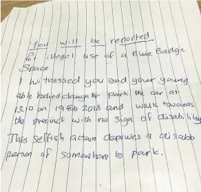  ??  ?? The note left on the car by another motorist which has angered Alan Tanner