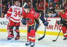  ?? USA Today Sports ?? Calgary Flames centre Mark Jankowski celebrates after scoring a goal against the Detroit Red Wings.