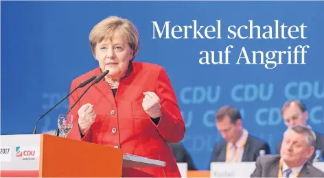  ?? FOTO: IMAGO ?? Parteichef­in Angela Merkel nutzte den Wahlkampfa­uftakt der NRW-CDU in Münster zu ungewohnt scharfen Attacken auf SPD und Grüne.