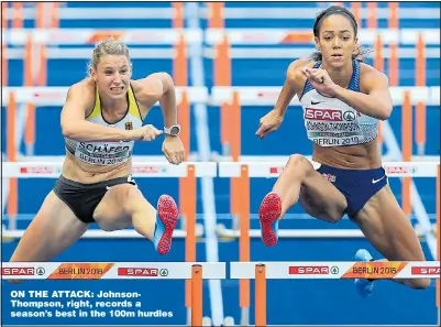  ?? Picture: STEPHEN POND ?? ON THE ATTACK: JohnsonTho­mpson, right, records a season’s best in the 100m hurdles