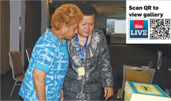  ?? Photo: Ronald Kumar ?? Newly elected SODELPA (in suspension) general secretary Emele Duituturag­a with an emotional Adi Litia Qionibarav­i (right), following their management board meeting at Holiday Inn, Suva on June 18, 2020. However last night the Registrar of Political Parties Mohammed Saneem rejected Ms Duituturag­a’s appointmen­t.