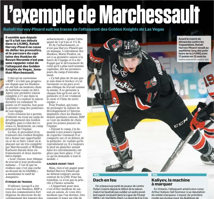  ?? PHOTO D’ARCHIVES, AGENCE QMI ?? Avant le match de dimanche contre les Saguenéens, Rafaël Harvey-pinard venait au septième rang des pointeurs de la LHJMQ avec 17 points en 12 matchs.