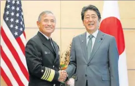  ?? REUTERS ?? Admiral Harry Harris, the head of the US military’s Pacific Command, calls on Japanese Prime Minister Shinzo Abe at his official residence in Tokyo on Thursday.