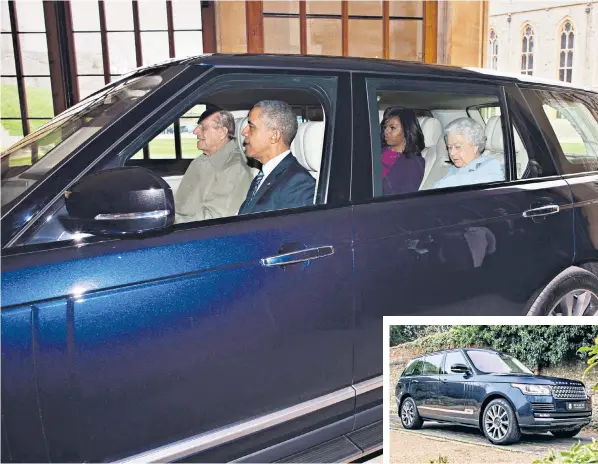  ?? ?? Barack Obama rides alongside Prince Philip with Queen Elizabeth II in the back of the 2016 Range Rover, inset, which is expected to be sold for almost a quarter of a million pounds by a Surrey motor dealer