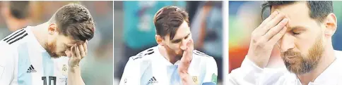  ??  ?? Combinatio­n of photos of Argentina captain Lionel Messi clutching his forehead and face during Group D match against Croatia. — Reuters photo