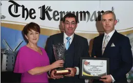  ??  ?? Breda Dwyer (IT Tralee &amp; Tom Crean Business Centre) presenting Tom Curran (retired County Manager) with the Lifetime Achievemen­t Award. Also in picture is John Feerick (Managing Director, The Kerryman).