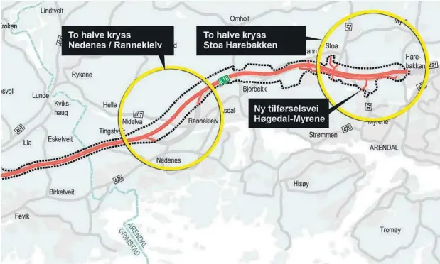  ?? FOTO: KART: NYE VEIER/ MONTASJE: AGDERPOSTE­N ?? NY E18 I ARENDAL: Slik ser kartet ut for korridor for ny E18 fra Harebakken vestover til Grimstads grense.