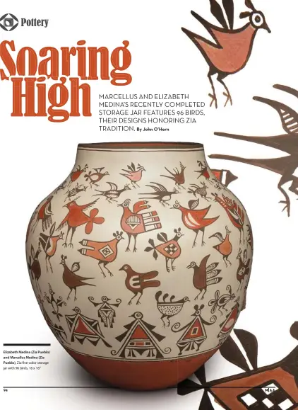  ??  ?? Elizabeth Medina (Zia Pueblo) and Marcellus Medina (Zia Pueblo), Zia five-color storage jar with 96 birds, 16 x 16"