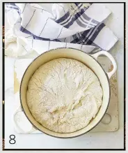  ??  ?? 8 Preheat the oven and put an empty cast-iron pot and its lid in the oven for the last 30 minutes of the bread’s rising time to warm up. It must get piping hot! Carefully remove the pot from the oven and, using the ‘floured’ tea towel, turn the risen dough into the hot pot, so that the seam side is now on top. Cover with the lid and bake for 30 minutes. Remove the lid and bake for another 10–15 minutes until the crust has turned a lovely golden colour.