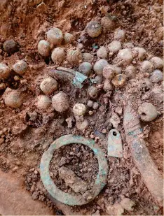  ??  ?? Below: Detail of chest/neck area in Grave 17, with an animal-tooth pendant among a festoon of beads