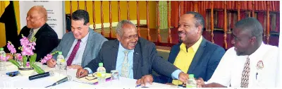  ?? PHOTO BY CHRISTOPHE­R THOMAS ?? From left: Reverend Peter Burnett, chairman of the St James Ministers’ Fraternal; Councillor Homer Davis, Montego Bay’s mayor; Reverend Errol Rattray, public relations officer of the National Prayer Vigil Committee; Winston Lawson, president of the Montego Bay Chamber of Commerce and Industry; and Reverend Marc Mullings, public relations officer of the St James Ministers’ Fraternal, were among attendees at the St James Ministers’ Transforma­tion 2019 public awareness campaign.