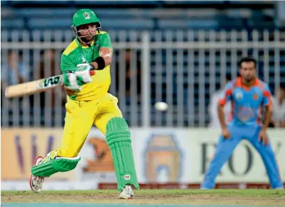  ?? Photo by M. Sajjad ?? Paktia Panthers batsman Shahid Afridi hits a boundary during the second semifinal match of the Afghanista­n Premier League against Kabul Zwanan at the Sharjah Cricket Stadium. —