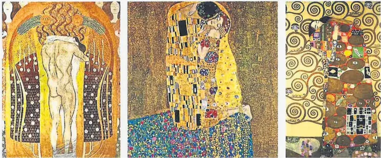  ?? [ Belvedere/MAK] ?? Klimts Umarmungen: Das männliche Prinzip ist zwar übermächti­g, dafür gesichtslo­s. Die Frau behält ihre Individual­ität in der sanften Liebkosung. Links Beethoven-, rechts Stoclet-Fries, in der Mitte „Der Kuss“.